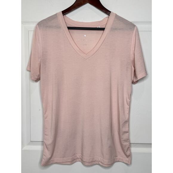 American Tall Top Womens Sz Large Tall Pink V Neck Poly Blend Short Sleeve Tee - Picture 1 of 5